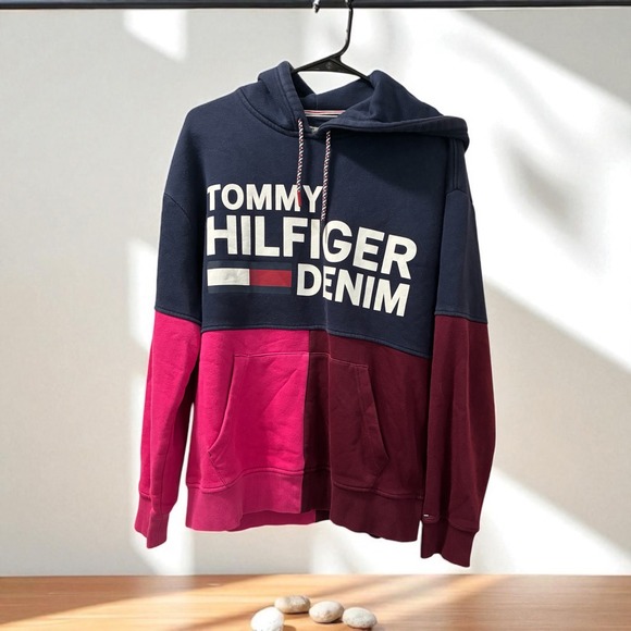 Tommy Hilfiger Denim Hoodie Color Block Pullover Sweatshirt Medium - Picture 1 of 9
